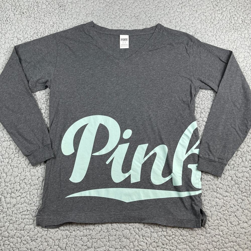 Victorias Secret Pink Shirt Womens Medium Blue Logo V-Neck Long Sleeve